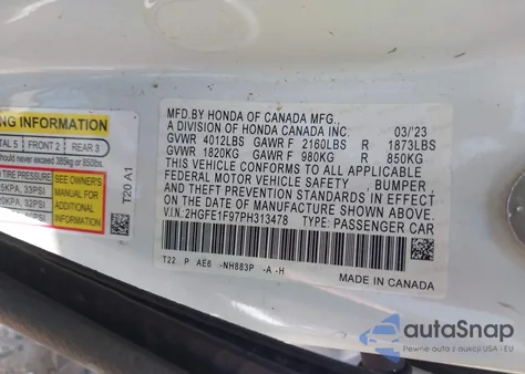 2023 Honda Civic Touring z USA, uszkodzony, nr VIN 2HGFE1F97PH313478